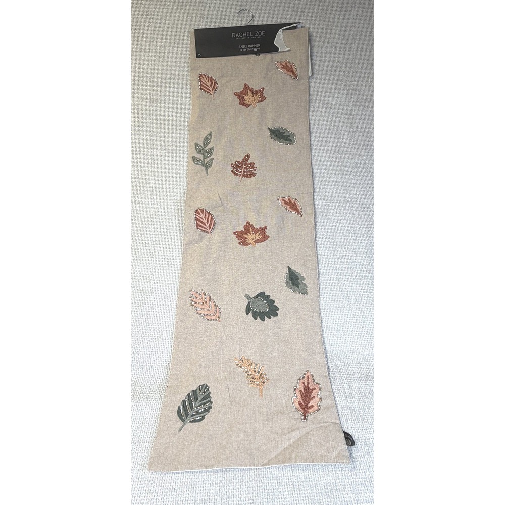 Rachel Zoe Embroidered Beaded Autumn Leaves Table Runner 14x54 Fall Thanksgiving